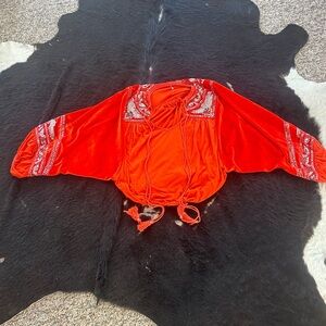 Free People Fiery Orange Embroidered Top
